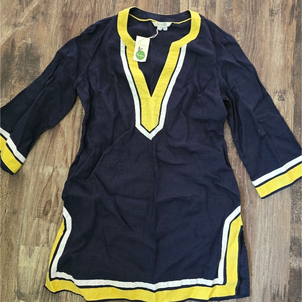 Boden Cleo Kaftan Tunic Dress Linen Navy Yellow Petite 2P Beachwear Coverup